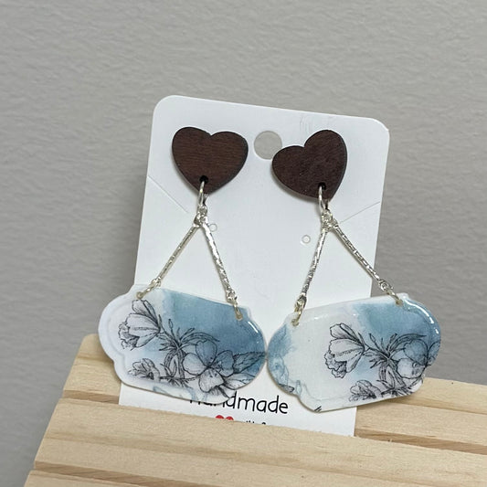 Floral Drop with Wooden Heart Stud